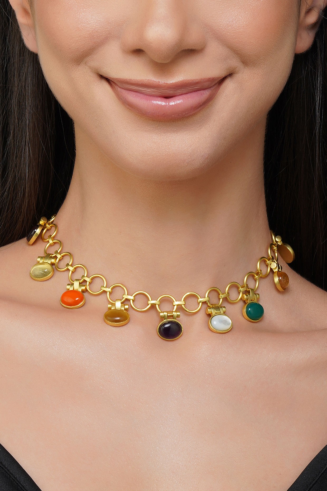 Floral Navratna Necklace Set | 22k Heritage Indian Gold Jewelry